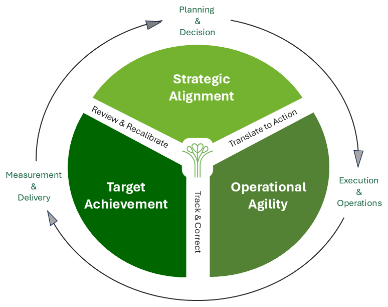 The Island Capital Integrated Operating Cadence — three phases: Planning & Decision, Action & Operation, Measurement & Delivery